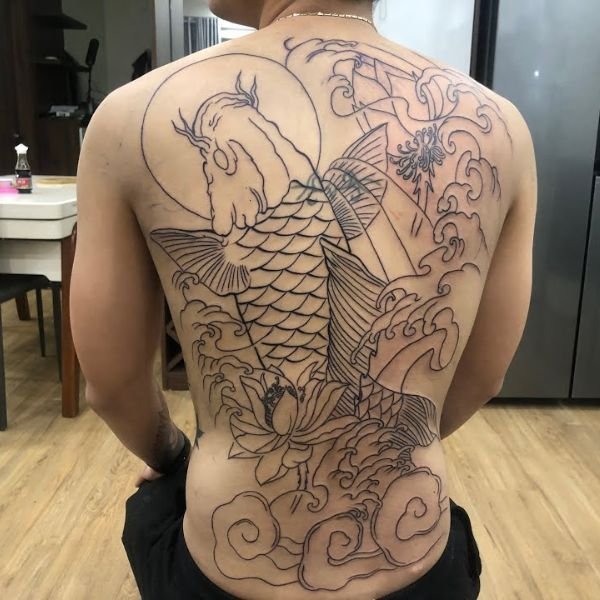 Khung tattoo cá chép hoa sen