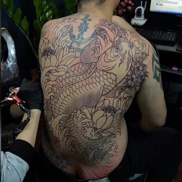 Khung tattoo cá chép hoa sen