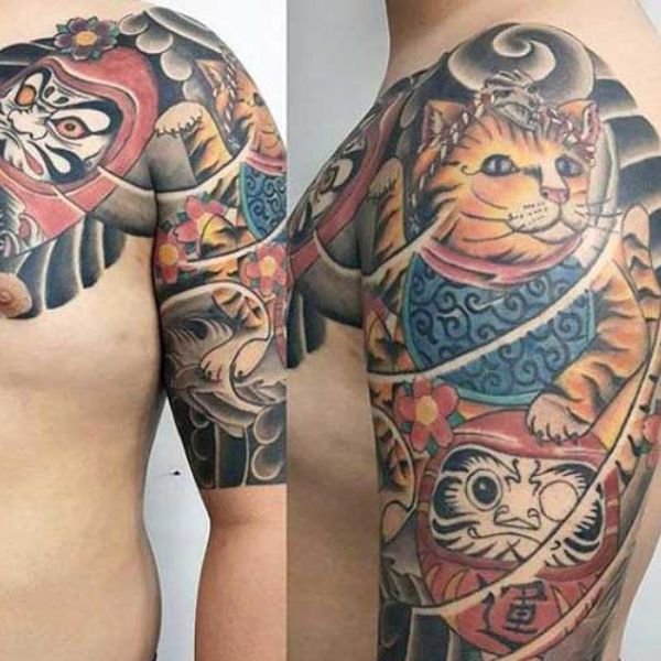 Tatoo mèo thần tài bả vai