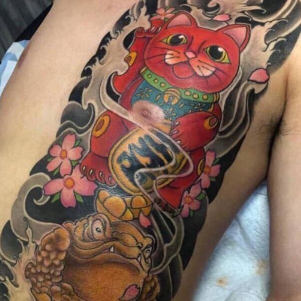 Tatoo mèo thần tài màu đỏ