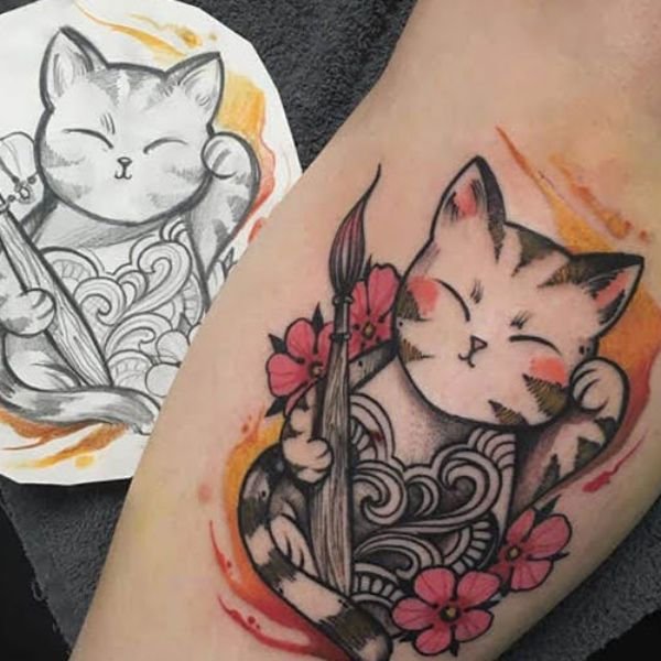 Tatoo mèo thần tài màu