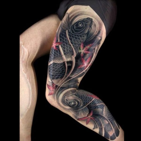 Tattoo cá chép hóa rồng bắp chân