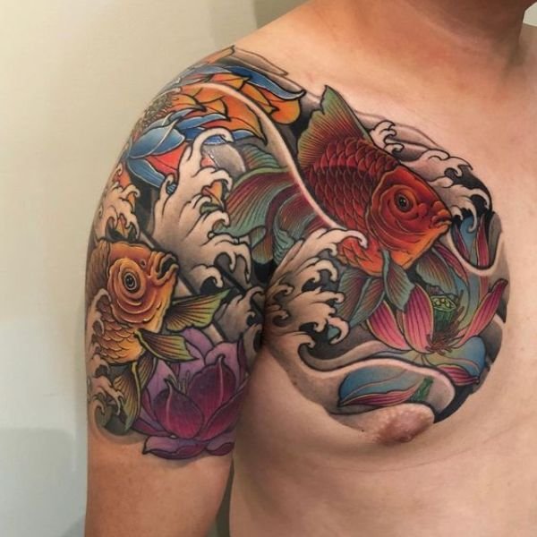 Tattoo cá chép hoa sen bả vai đẹp