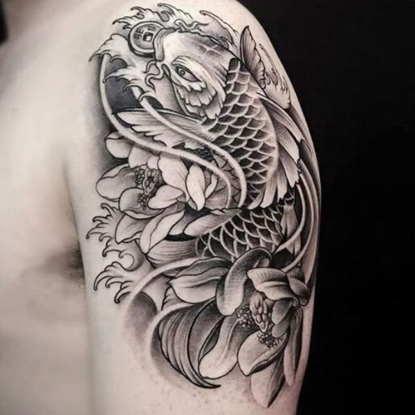 Tattoo cá chép hoa sen đen trắng