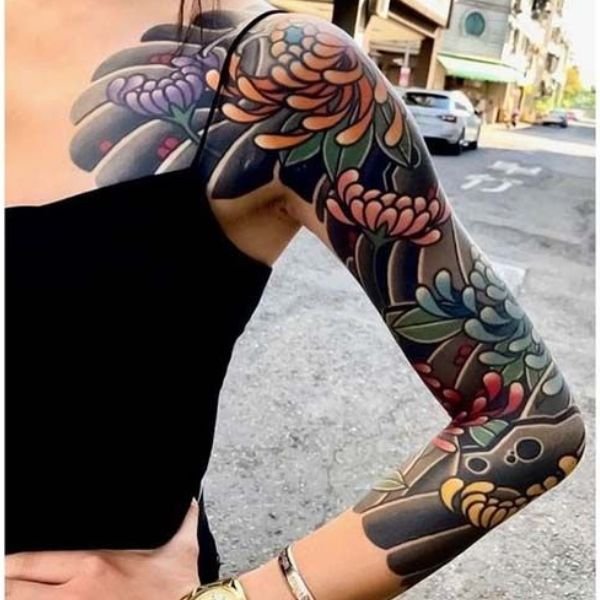 Tattoo hoa mẫu đơn nhật cổ full tay