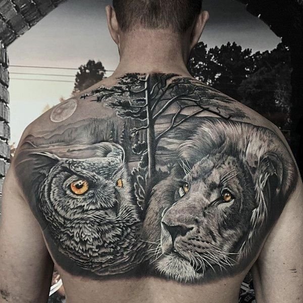 Tattoo nửa lưng trên cú và hổ