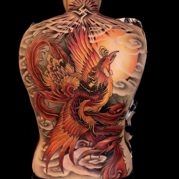 Tattoo phượng cưỡi mây hoàng kín lưng