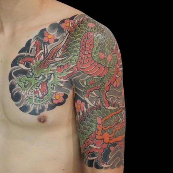 Tattoo rồng xanh vắt vai