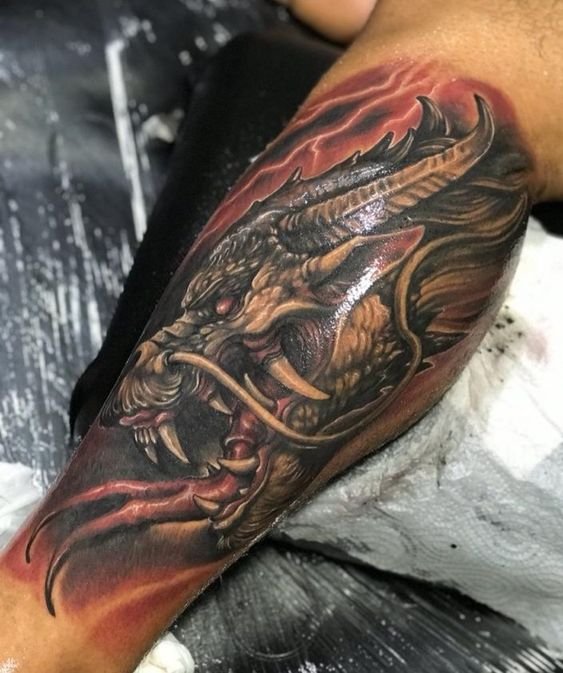 tattoo đầu rồng 3d kín cẳng chân