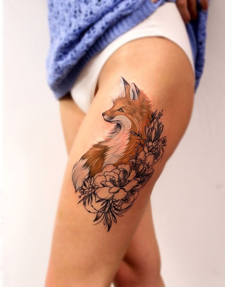 hình tattoo con cáo chân thực trên đùi