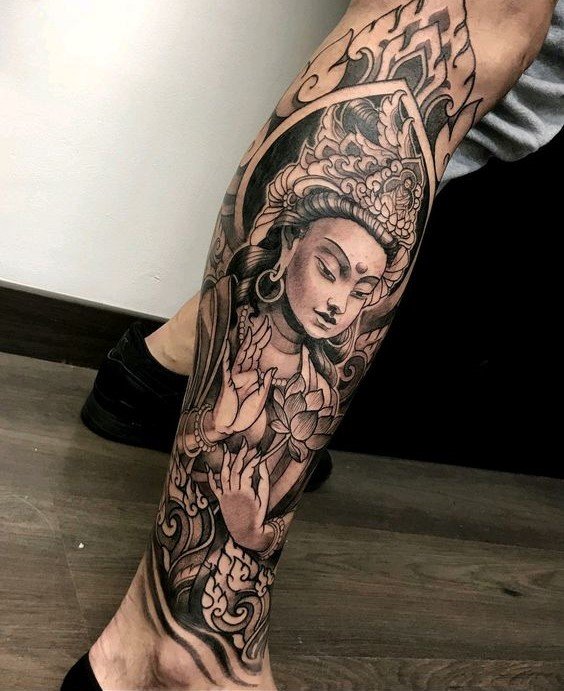 tattoo Bồ Tát tuyệt đẹp bưng qua full bắp chân