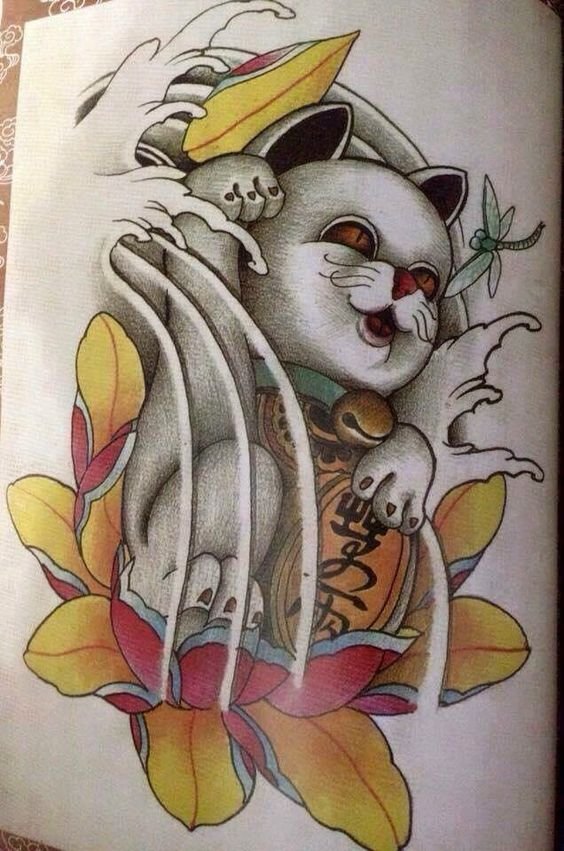 phác họa tattoo mèo thần tài ngồi trên đóa sen