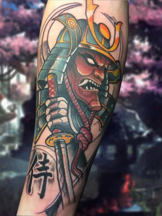 tattoo mặt quỷ samurai giáp xanh cực chiến