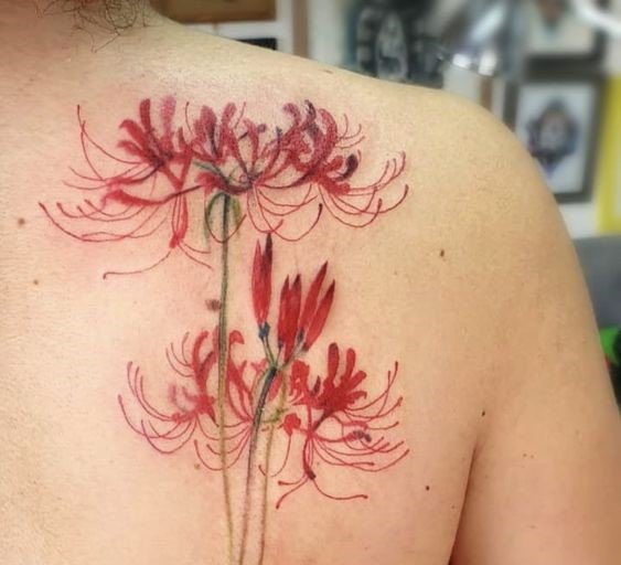 H&igrave;nh xăm hoa đỏ tr&ecirc;n vai người, thiết kế chi tiết v&agrave; tinh tế, thể hiện vẻ đẹp tự nhi&ecirc;n v&agrave; nghệ thuật.