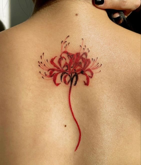 H&igrave;nh xăm hoa đỏ tr&ecirc;n lưng người, thiết kế tinh tế với c&aacute;c chi tiết mảnh mai v&agrave; m&agrave;u sắc nổi bật.