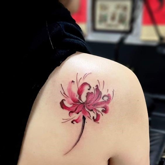 H&igrave;nh xăm hoa m&agrave;u đỏ v&agrave; đen tr&ecirc;n vai của một người, nền mờ với một v&agrave;i khung h&igrave;nh treo tường.