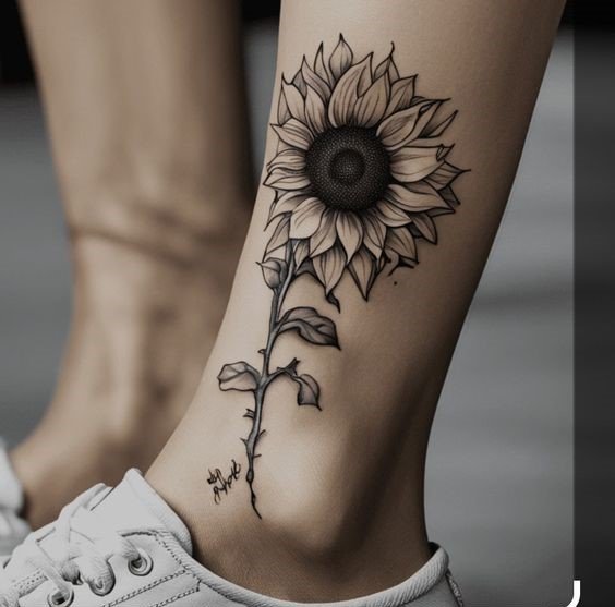 tattoo cành hoa hướng dương cực xinh cho nữ tại chân