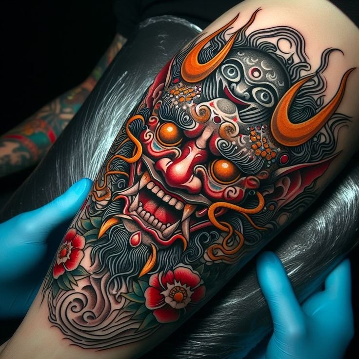 mẫu tattoo mặt quỷ ở bắp chân cuốn hút không thể rời mắt