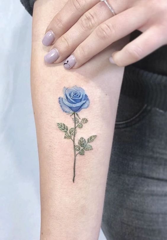 mẫu tattoo cành hoa hồng xanh mini cho nữ