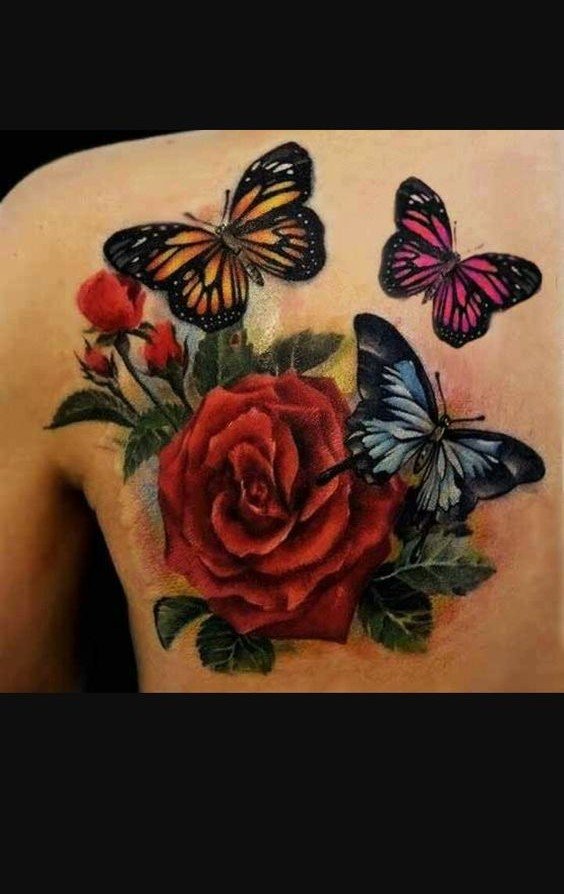 tattoo hoa hồng cùng bướm lưng điệu nghệ