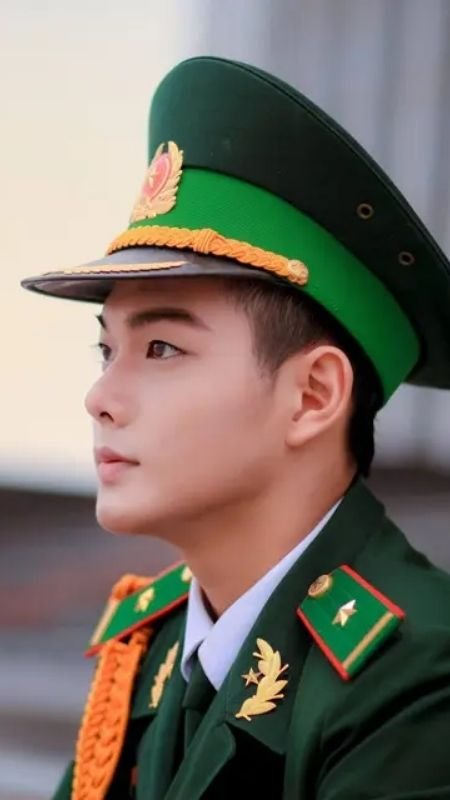 Người mặc đồng phục quân đội màu xanh lá cây, đội mũ, nhìn nghiêng trong bối cảnh ngoài trời.