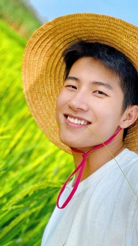 Người đội nón lá cười tươi trong cánh đồng lúa xanh, ánh sáng tự nhiên chiếu sáng khuôn mặt.