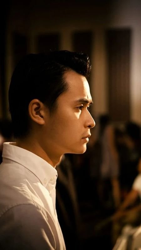 Người đàn ông mặc áo sơ mi trắng đang nhìn nghiêng trong một không gian tối, có người đứng phía sau.