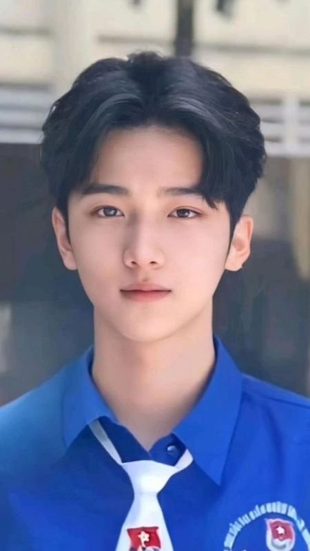 Người mặc áo sơ mi xanh và cà vạt trắng, đứng trước nền mờ, nhìn thẳng vào máy ảnh.